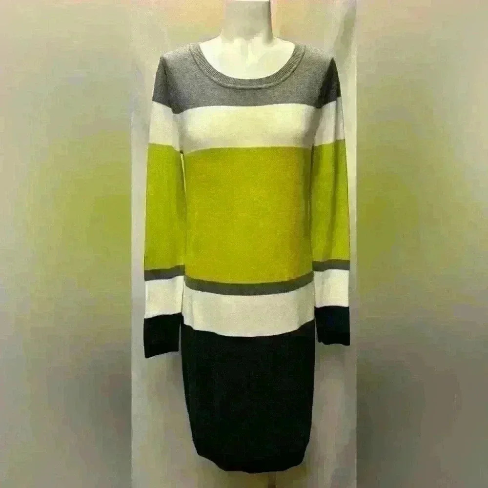 Jessica Howard Size Medium Gray Lemon Cream Stripe Women Knit Sweater Dress